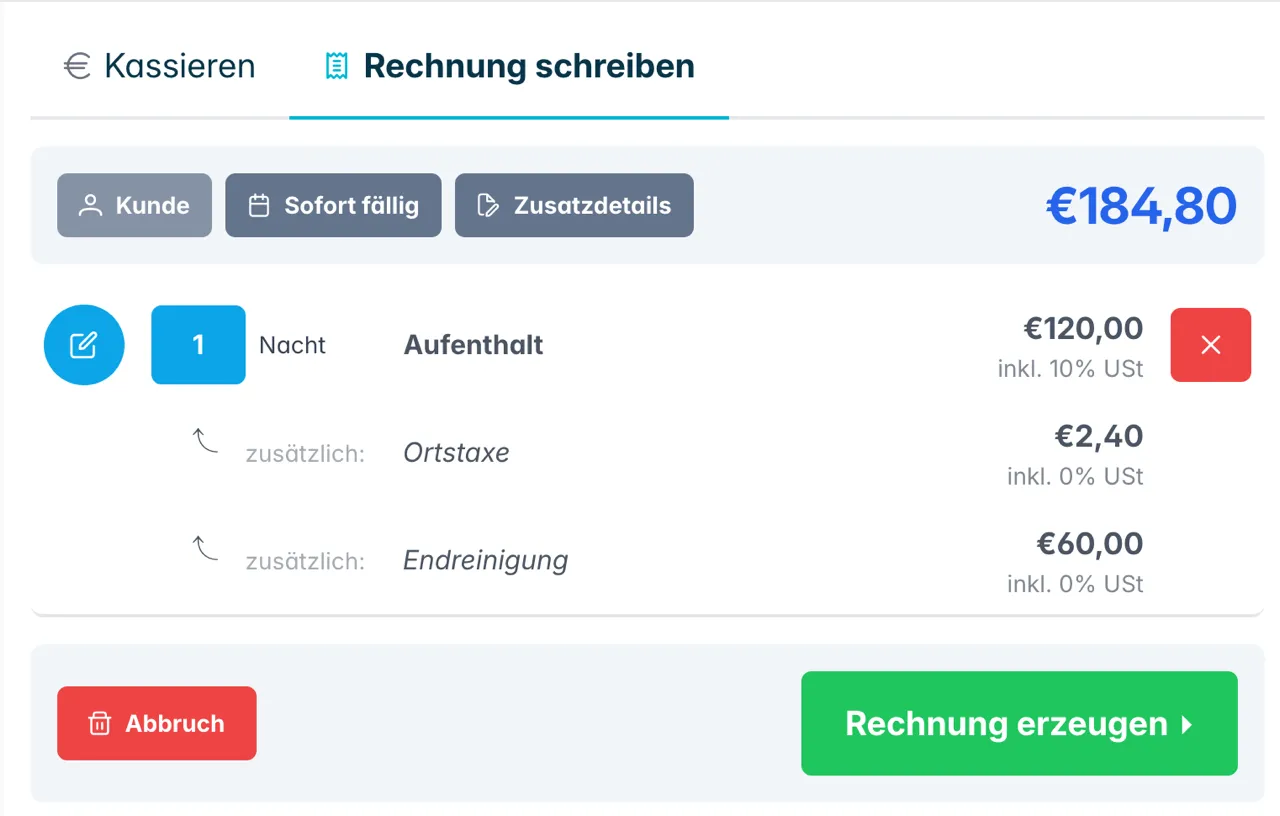 Die Rechnung wird erzeugt, aber noch nicht kassiert